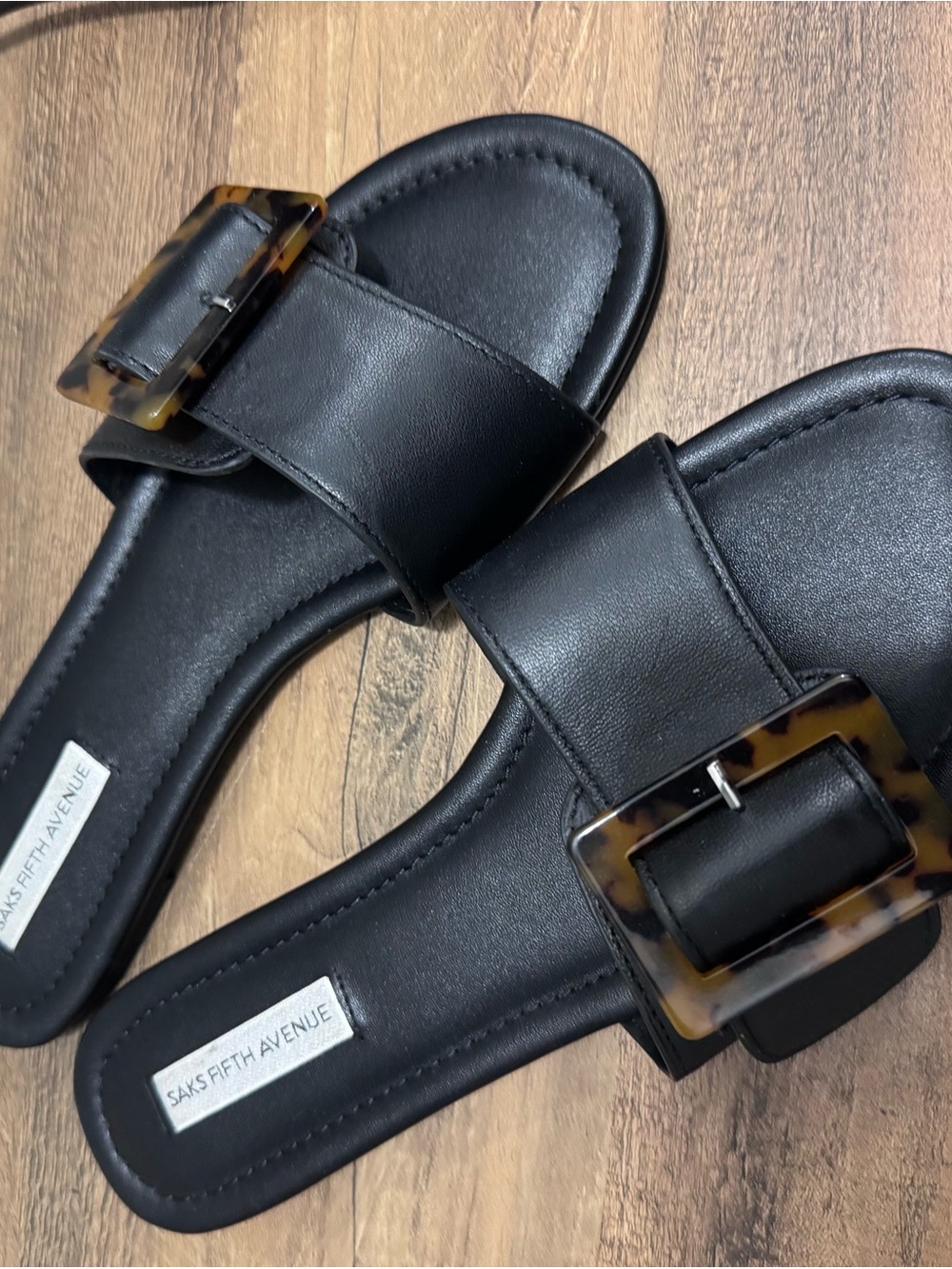 Saks Fifth Avenue Black Slide Sandals with Tortoiseshell Buckle Accent